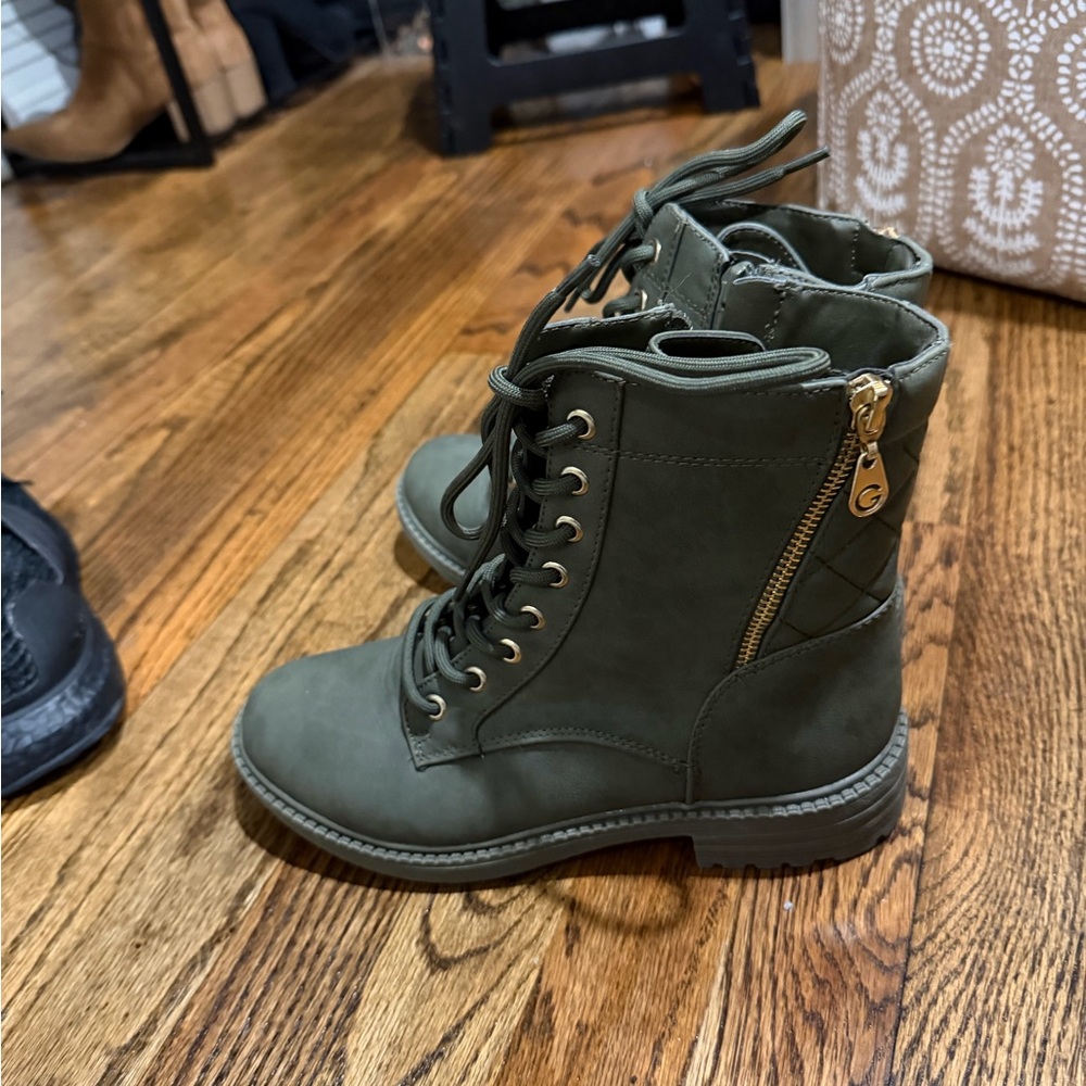 GBG Los Angeles Olive Combat Boots with Gold Accents